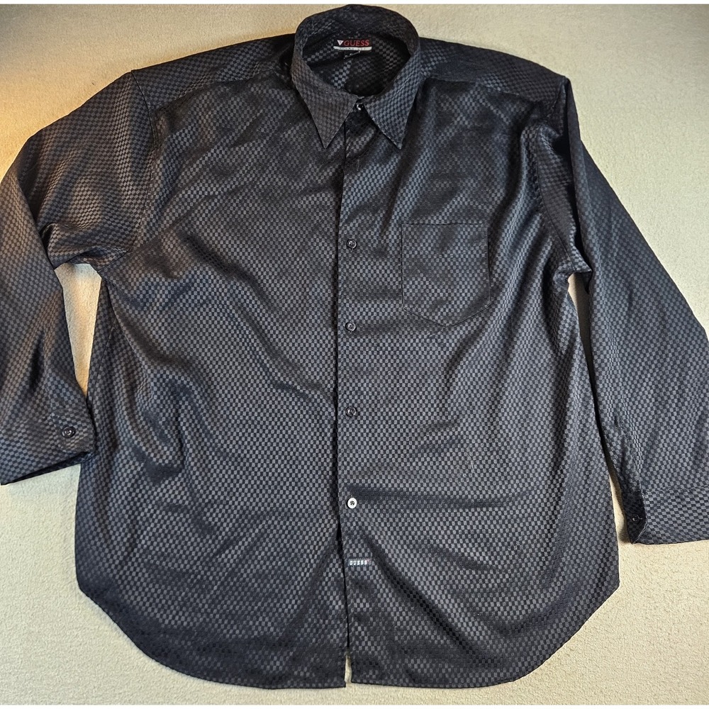GUESS Jeans USA Shirt Mens 4XL Black Checkerboard Y2K Long Sleeve Button Up
